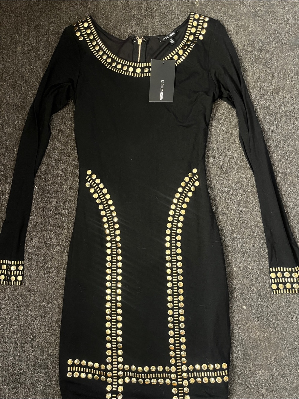 Fashion Nova Black Long Sleeve Bodycon Dress with Gold Studs